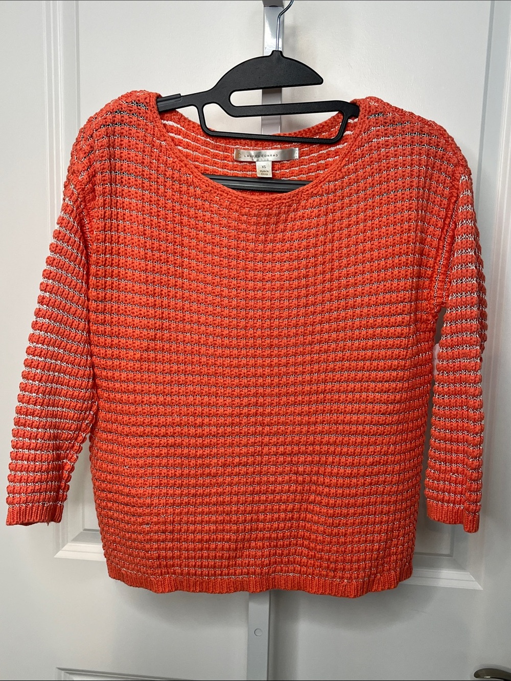 LC Lauren Conrad Coral with Silver Waffle-Knit Crew Sweater
